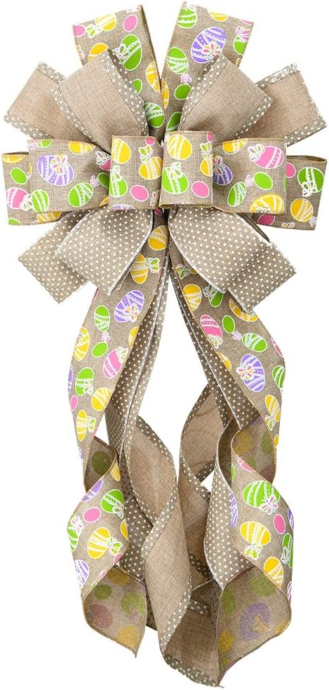 Skiennix Large Easter Wreath Bow - Flaxen Burlap Ribbon Bunny Decor for Spring Celebrations