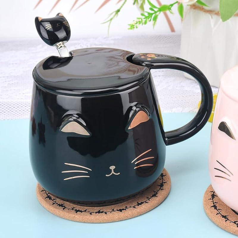 Pink Ceramic Cat Mug with Stainless Steel Spoon - 13 oz Handmade Gift (Variation: Black)