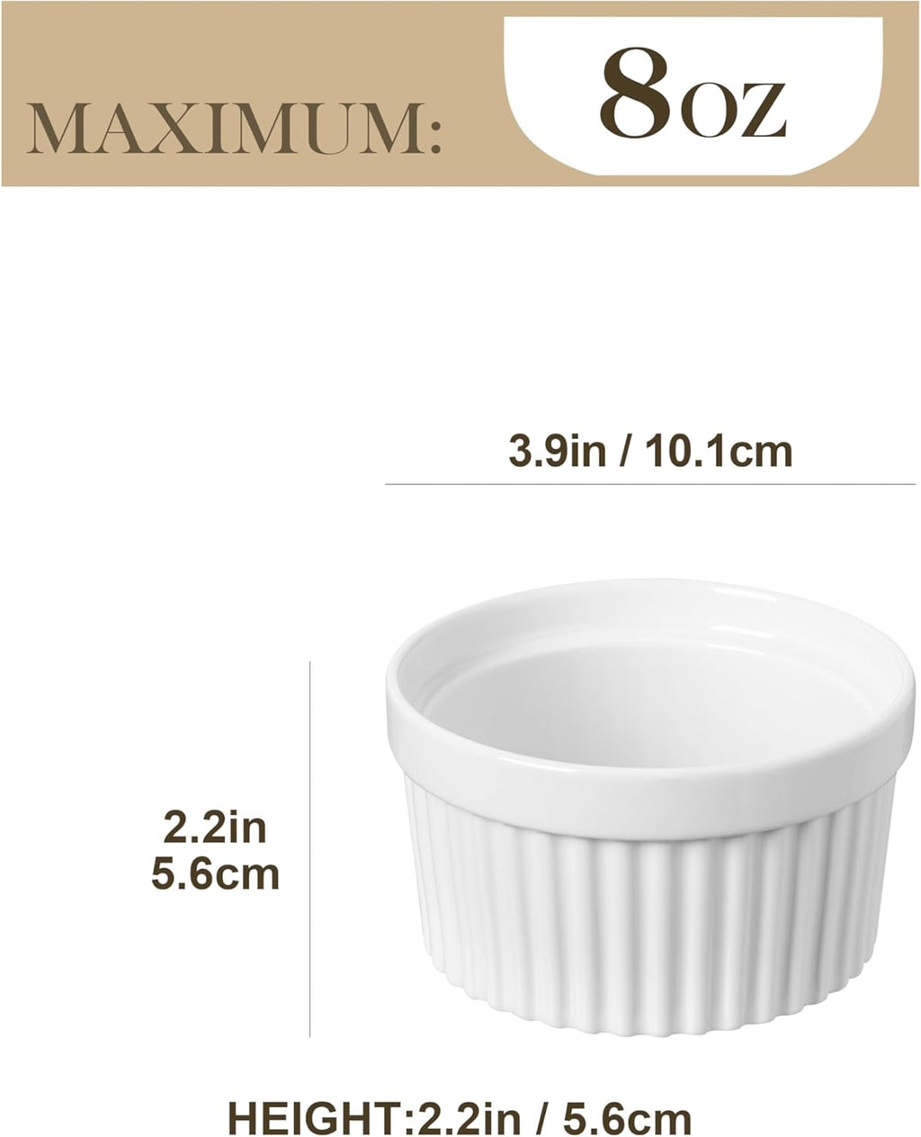 MALACASA Ramekins - 8 oz Oven Safe Porcelain Baking Cups | Set of 6 White Creme Brulee Dishes