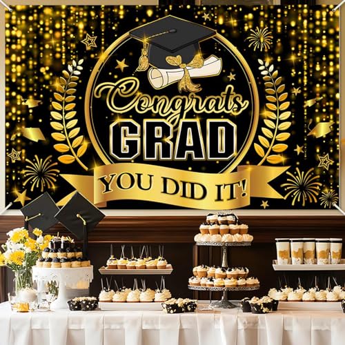 Congrats Grad Banner - Class of 2026 Black & Gold Backdrop