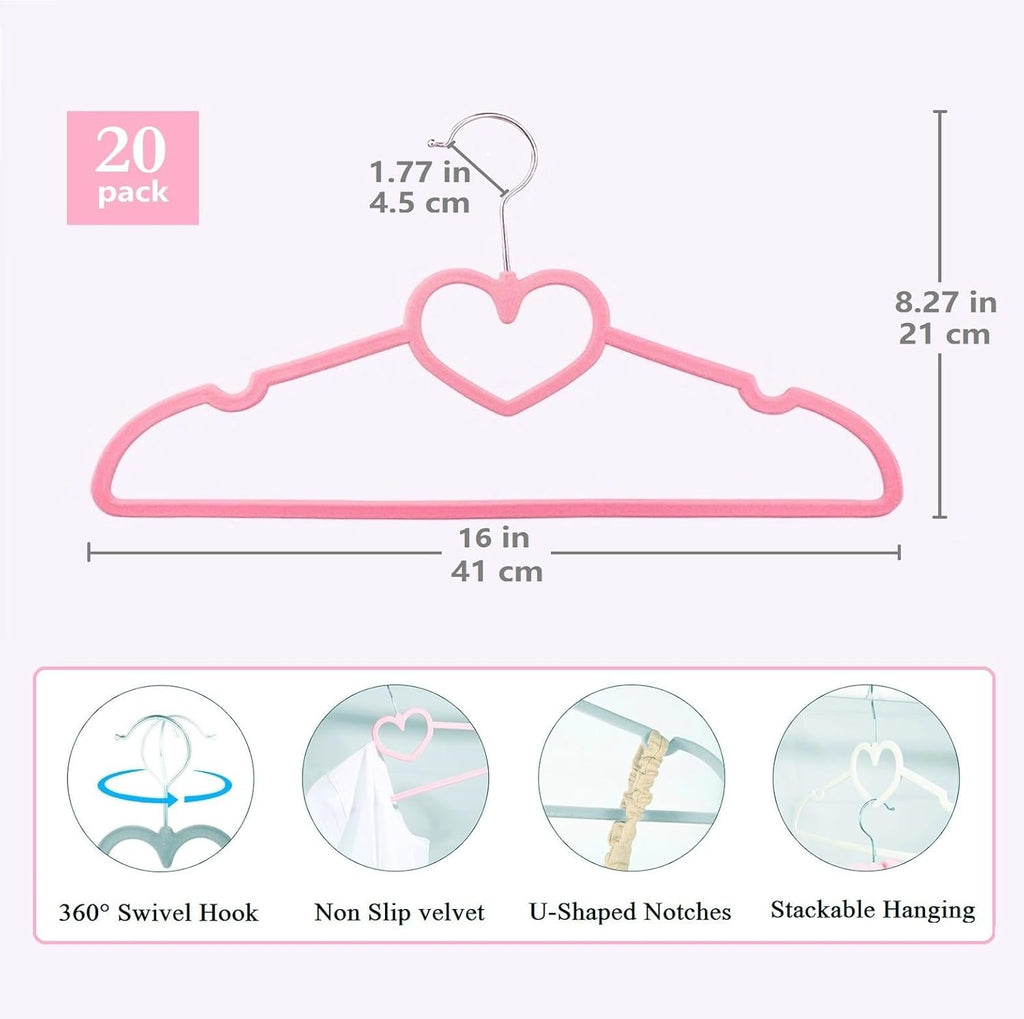 Velvet Hangers 20 Pack - 16" Non-Slip Slim Adult Hangers with 360° Swivel Hook | Durable Pink Design for Coats & Dresses