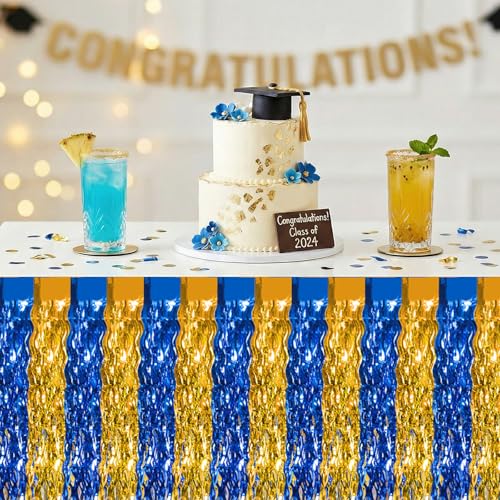 Blue Gold Metallic Tinsel Foil Fringe Table Skirt 2 Pack