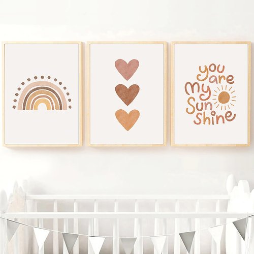 PUYIQARE You Are My Sunshine Canvas Wall Art Heart Rainbow Nursery Art Print Boho Wall Art Prints for Girls Room Decor Boho Sunshine Nursery Decor for Baby Kids Room Decor Unframed