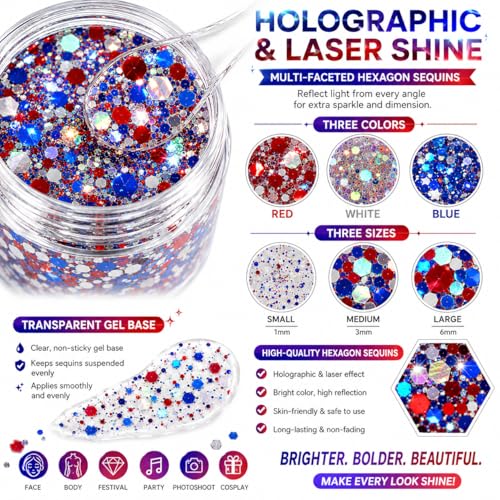 Red White and Blue Body & Face Glitter Gel - 50g Holographic