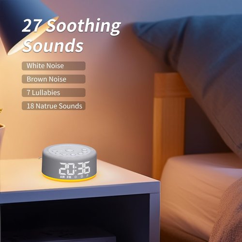 【3 in 1】 Sound Machine Alarm Clock Night Light White Noise Machine with 30 Sleeping Sounds for Baby Kids Adults 32 Level Volume Auto Off Timer Memory Function Digital Clock with 30 Wake Up Sounds