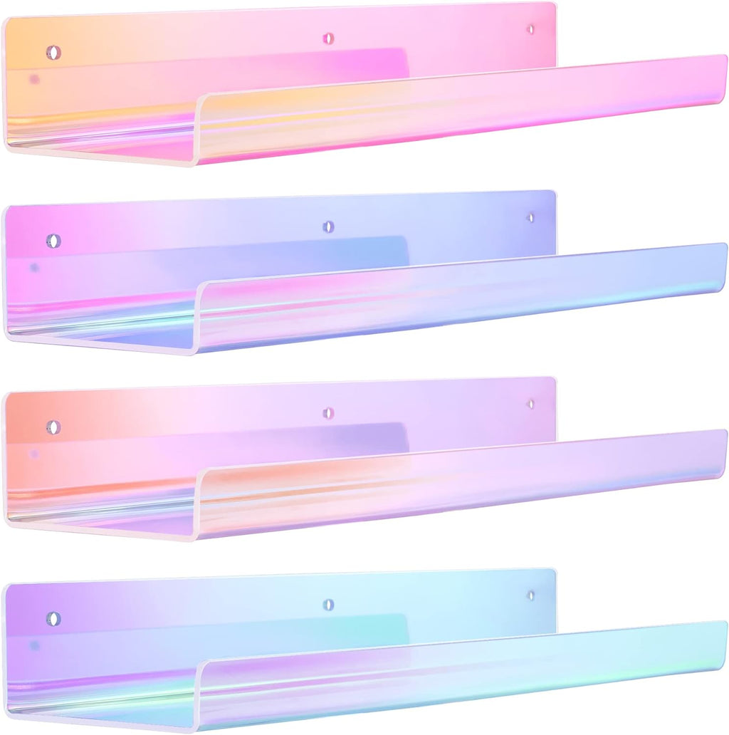 Upsimples Acrylic Wall Shelves - 15” Display Shelf for Perfume & Skincare | Iridescent 4-Pack