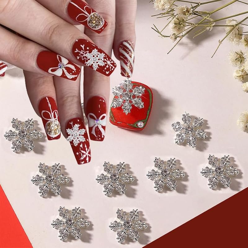 Christmas Snowflake Nail Charms 3D Silver Rhinestone Gems 10 Pcs