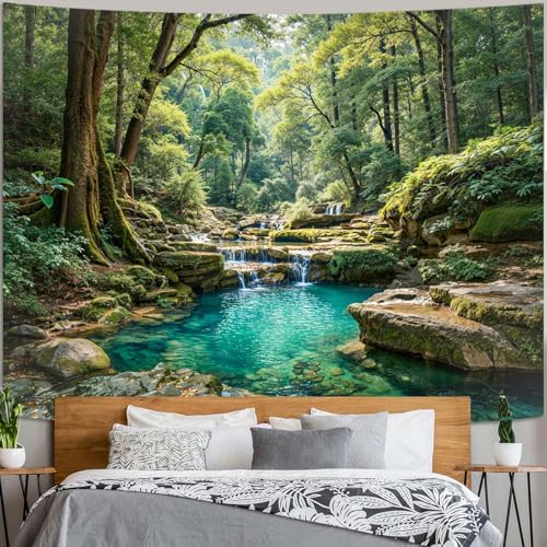 Zussun Nature Forest Tapestry, Teal Pool Landscape Wall Hanging 48x36