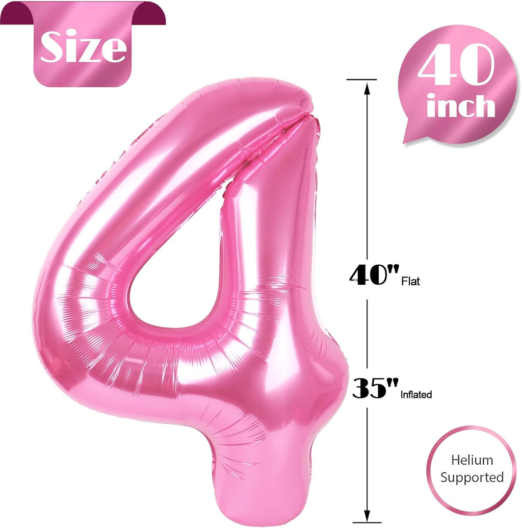 Pink Number 4 Balloon - 40 Inch Giant Foil Balloon for 4th Birthday Party Decorations