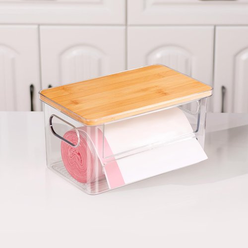 Hiitytin Trash Bag Holder Dispenser, Garbage Bag Dispenser with Bamboo Lid & Handles, Stackable Clear Trash Bag Organizer Under Sink for Kitchen, Pantry, Laundry Room, Cabinet