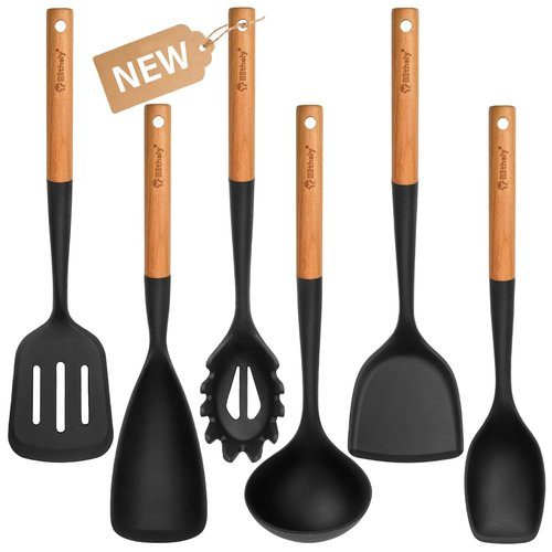 Large Silicone Kitchen Utensils Set, 6 PCS Nonstick Cooking Utensils Set with Wooden Handle, Heat Resistant and BPA Free Silicone Utensil Spatula Set for Cooking with Turner, Spoon and Ladle(Black)