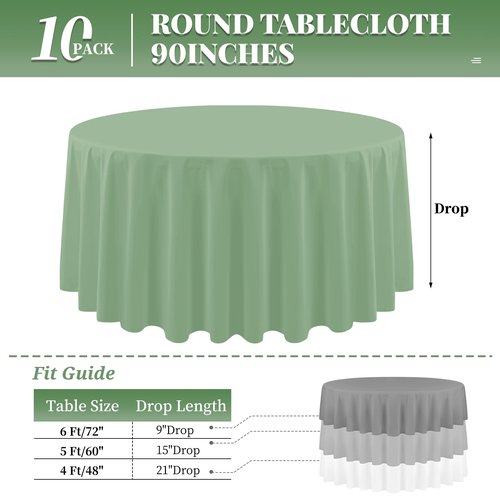 10 Pack Sage Green Tablecloth 90 Inch Round Tablecloth Sage Round Tablecloth Washable Polyester Fabric Bulk Linen Tablecloths Round Table Cover Table Cloths for Parties Wedding Banquet Buffet Dinning