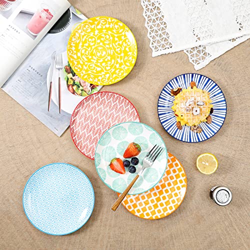 Assorted Colors Ceramic Dessert Plates Set of 6 - 6 Inch Small Snack Plates
