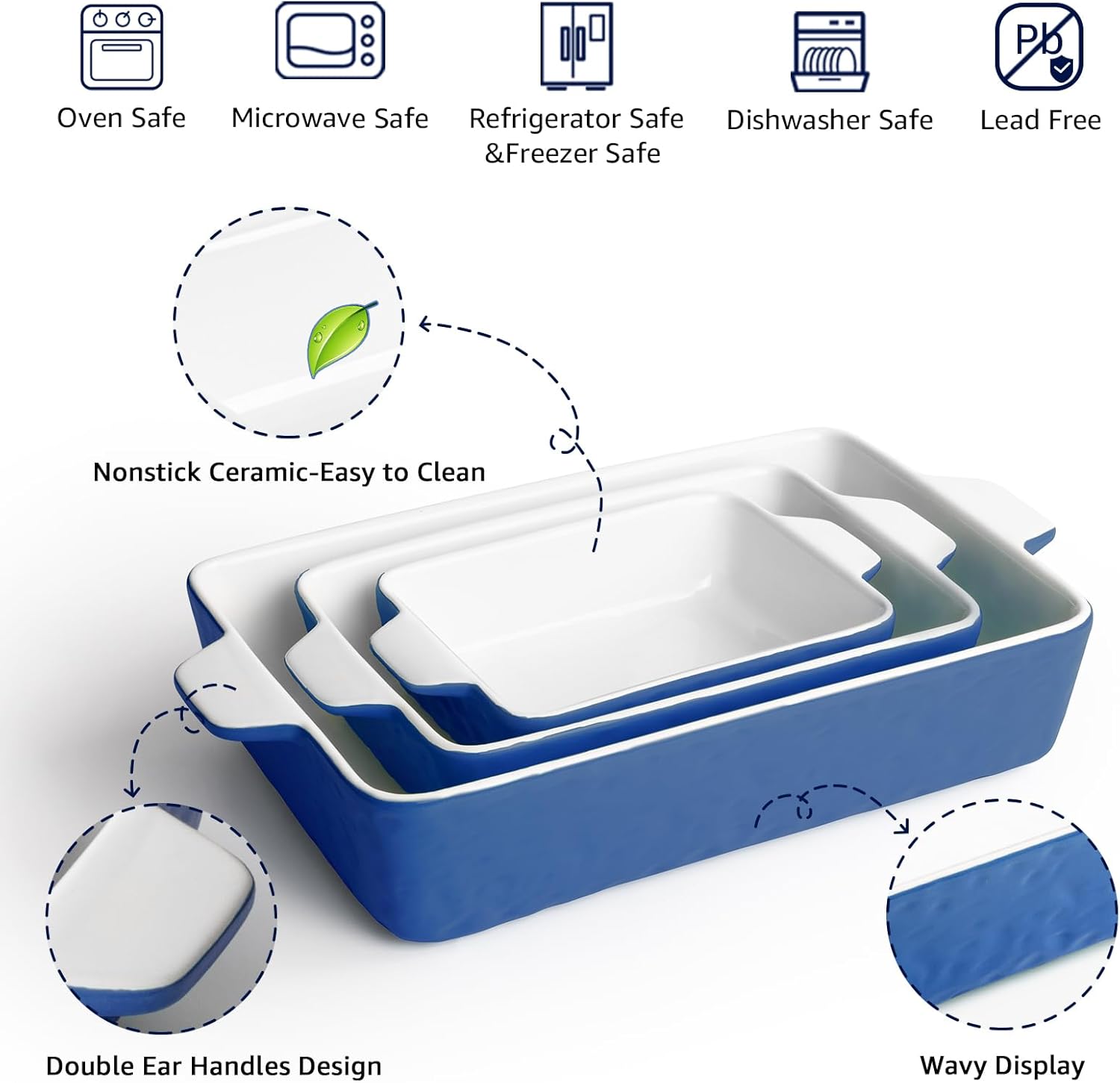 Regine Switzerland Casserole Dishes - Ceramic Baking Pan Set of 3 | Deep Porcelain Lasagna Pans (11.6" x 7.8", Dark Blue)