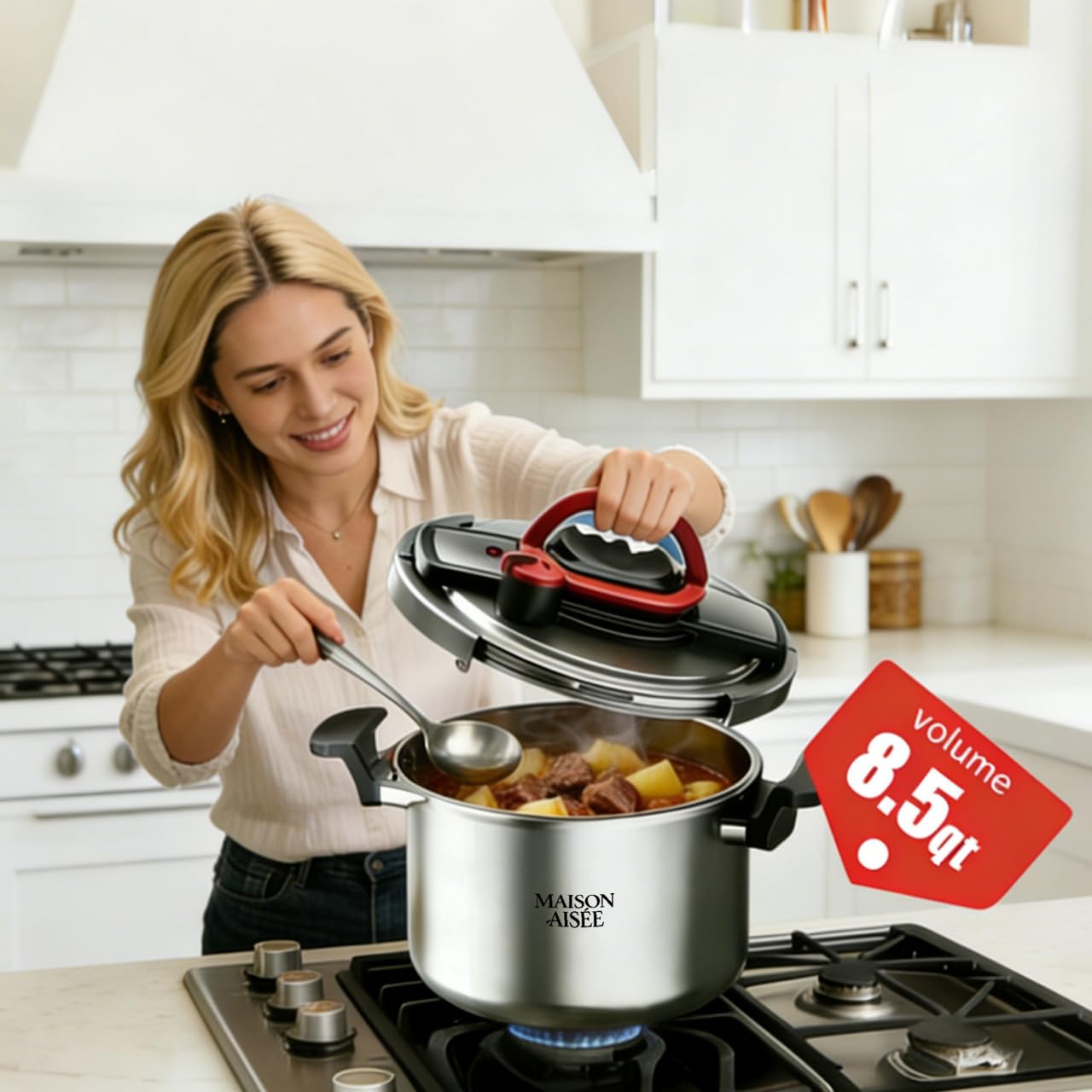 Stovetop 304 Stainless Steel Pressure Cooker, One-hand Easy Handle Lid, 3 PSI Setting, 6 Safety Systems, Dishwasher Safe, Olla de Presion, Works for All Cooktops (8.5 QT)