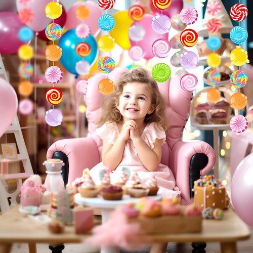 QIUGMYN 8pcs Candy Garland Banner Multi-coloured Paper Cardboard Round Candy Land Theme Birthday Party Decorations