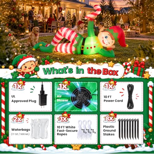 Green 10 FT Christmas Inflatable Lying Elf with Candy Cane Outdoor Yard Decor