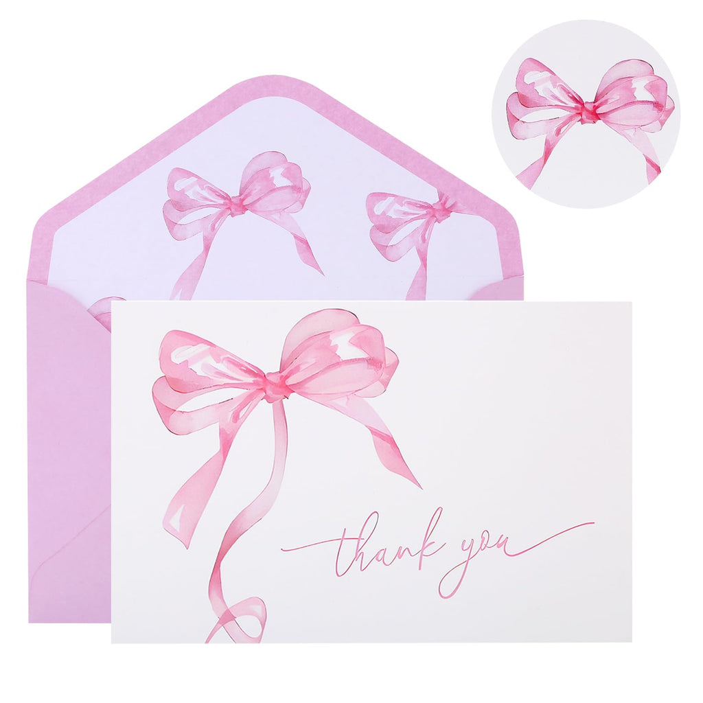 30Pack Pink Bow Thank You Cards with Envelopes Stickers Bow Blank Note Card Watercolor Greeting Card for Wedding Party Birthday Supplies (Pink)