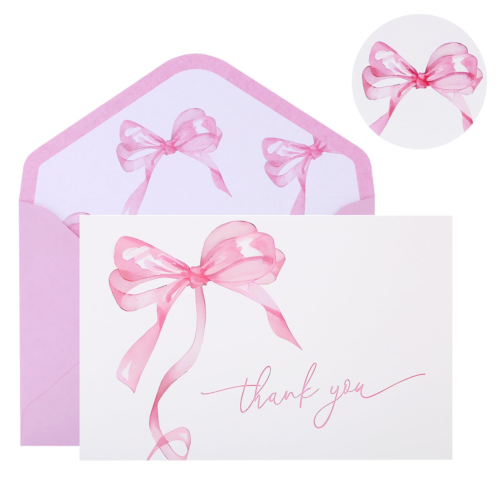 30Pack Pink Bow Thank You Cards with Envelopes Stickers Bow Blank Note Card Watercolor Greeting Card for Wedding Party Birthday Supplies (Pink)