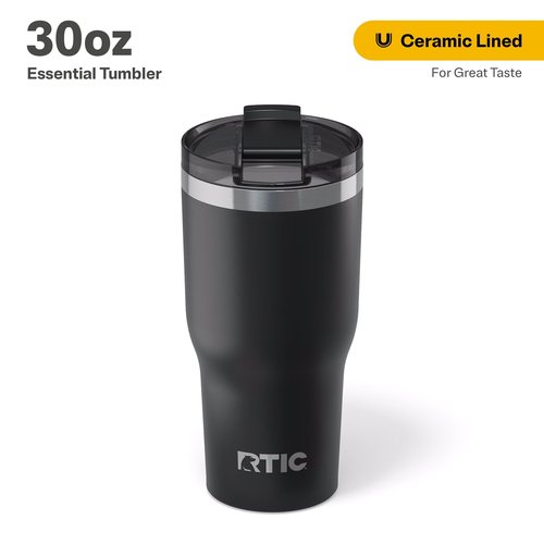 RTIC 30oz Essential Tumbler with Lid, Ceramic Lined, Insulated, Stainless Steel, Metal, Double Wall Vacuum-Insulation, Travel Cup for Iced Coffee, Tea, Hot and Cold Drink, Black