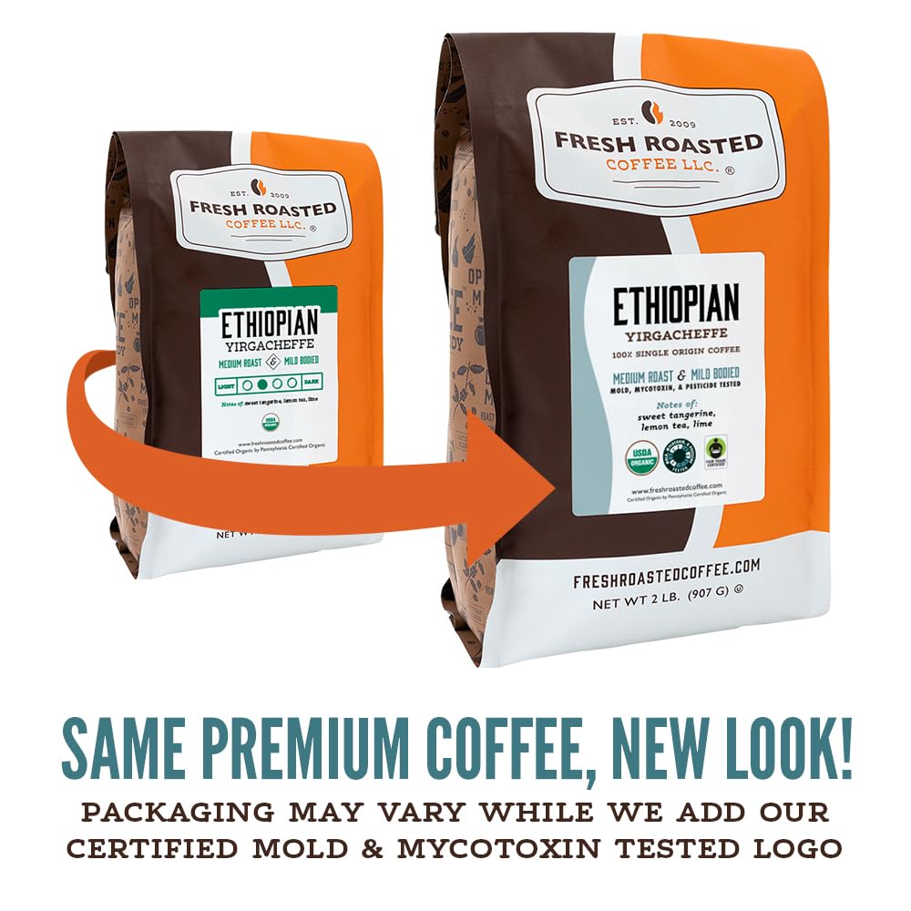Fresh Roasted Coffee, Organic Ethiopian Yirgacheffe Whole Bean Coffee, Light Roast, USDA Organic, 3rd Party Tested for Mold, Mycotoxin & Pesticides, Kosher, 12 oz
