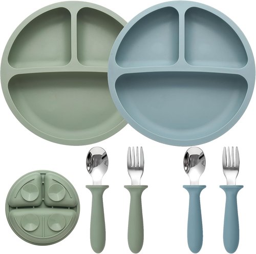 Eascrozn Baby Feeding Set - 2 Pack Silicone Suction Plates & Utensils | BPA Free, Perfect for Baby Led Weaning