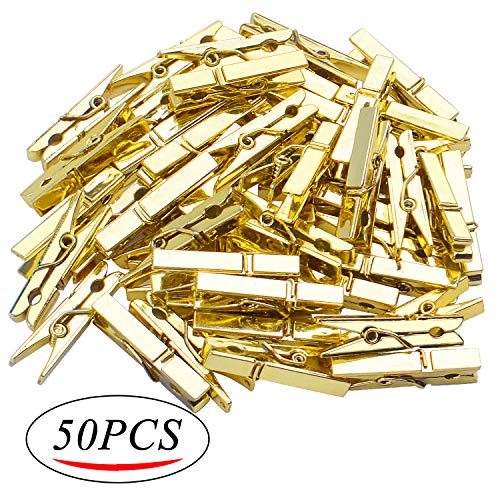 Jdesun 50 Pack Mini Plastic Photo Clips - Gold Clothespins for Crafts & Home Decor