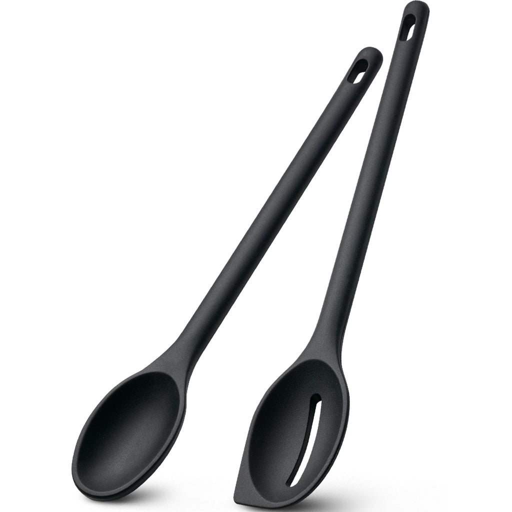 Silicone Spoons for Cooking, 600°F Heat Resistant Cooking Spoon with Solid & Slotted Spoon for Mixing, Serving, Stirring, Scraping, BPA Free Silicone Kitchen Utensil Set, Dishwasher Safe (2Pcs, Black)