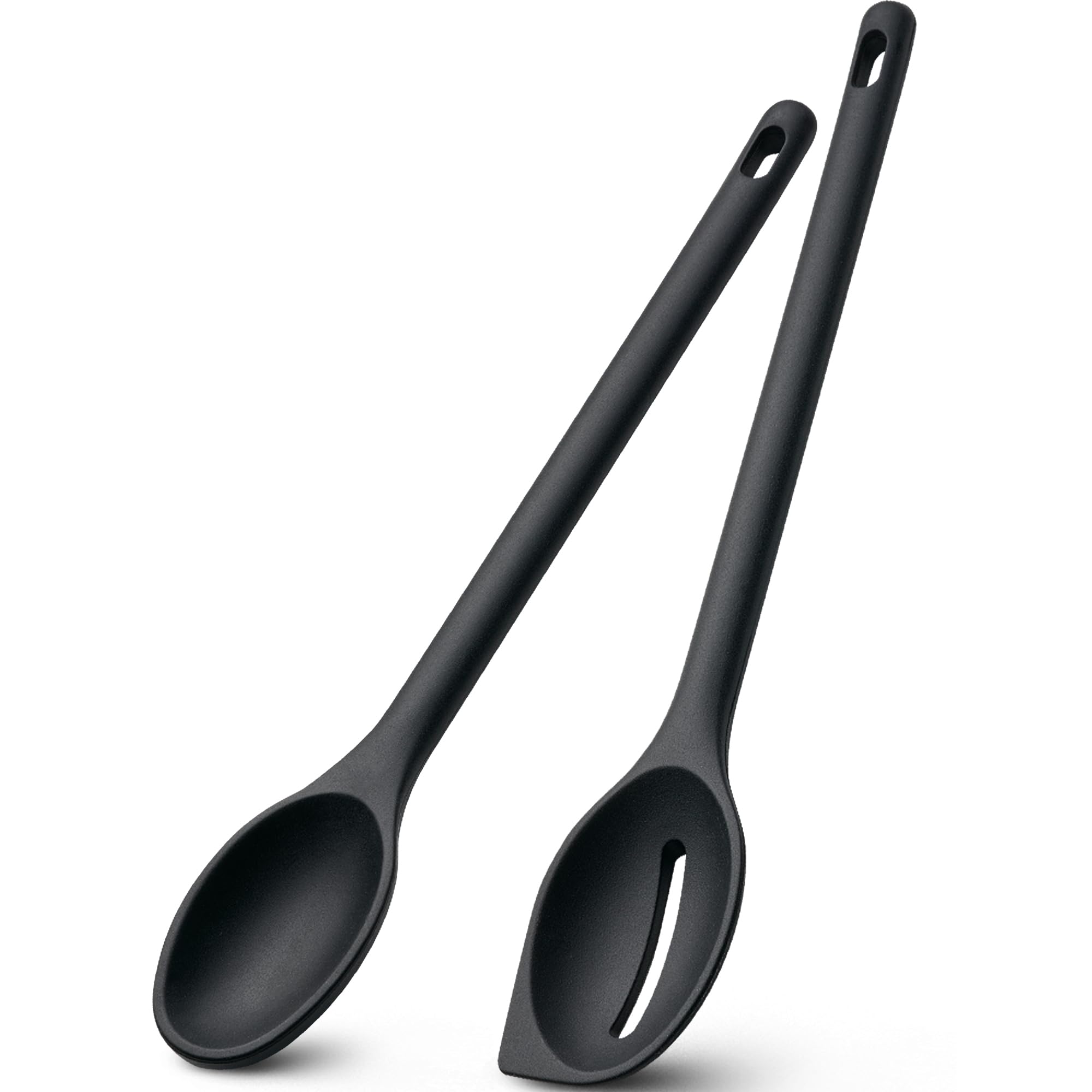 Silicone Spoons for Cooking, 600°F Heat Resistant Cooking Spoon with Solid & Slotted Spoon for Mixing, Serving, Stirring, Scraping, BPA Free Silicone Kitchen Utensil Set, Dishwasher Safe (2Pcs, Black)