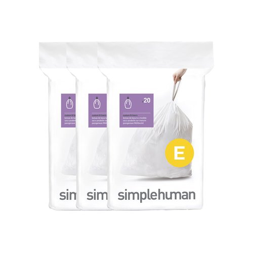simplehuman Code E 60 Count, Dispenser Pack Custom Fit Liners, Drawstring Trash Bags, 20 Liter / 5.3 Gallon, White