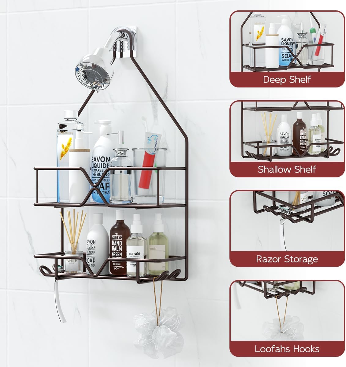 TreeLen Shower Caddy - Over Shower Head Bathroom Organizer with 4 Hooks for Shampoo - Bronze Finish
