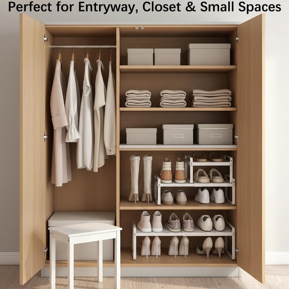Skiennix Expandable Metal Shoe Rack - Heavy-Duty Free-Standing Shelf | Adjustable Width 14.9"–23.6" for Closets & Entryways