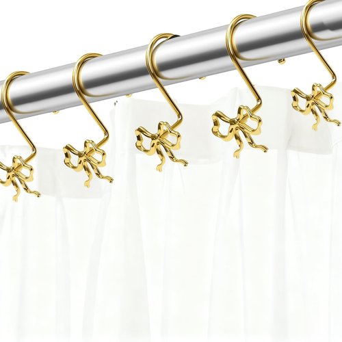 Kreapa Gold Bow Shower Curtain Hooks, 12 Pcs Metal Gold Shower Curtain Hooks for Bathroom Decor, Elegant and Rustproof, Suitable for Standard Showers Curtains Rods