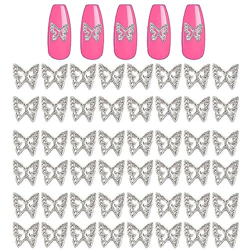 Silver Butterfly Nail Charms 50 Pcs 3D Alloy Nail Art Jewels