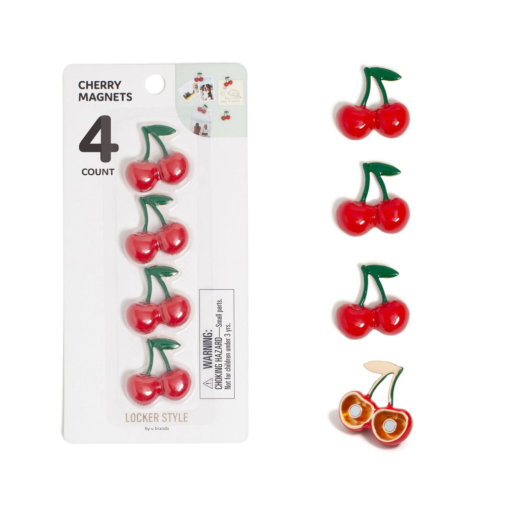U Brands Red Cherry Locker Magnets, Set of 4, Fun Magnetic Locker Accessories for School, Whiteboard Accessories, Cute Fruit Magnets for Refrigerator