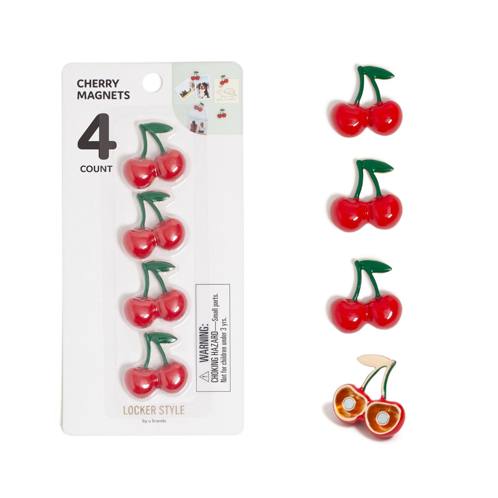 U Brands Red Cherry Locker Magnets, Set of 4, Fun Magnetic Locker Accessories for School, Whiteboard Accessories, Cute Fruit Magnets for Refrigerator