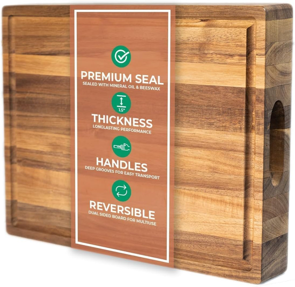 Saffron & Sage Large Wood Cutting Board - Thick 16 x 12 x 1.5 Inch Acacia with Deep Juice Groove | Reversible Chopping & Charcuterie Board