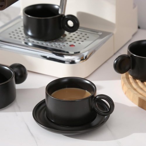 LURRIER Espresso Cup Set - Stackable 3 Ounce Porcelain Mugs with Saucer & Metal Stand | Black (Set of 4)