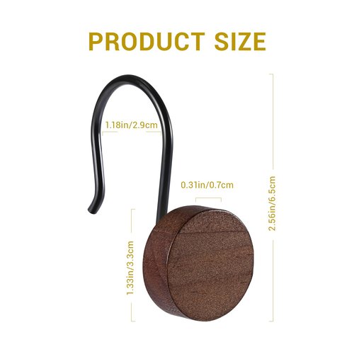 Akimomaty Walnut Wood Shower Curtain Hooks with Black Metal Rings, Set of 12 Decorative Hardware for Bathroom Rods