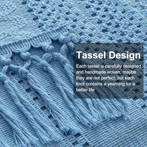 Boho Table Runner Blue Macrame with Tassels 12x60 Inches Rustic Farmhouse Decor
