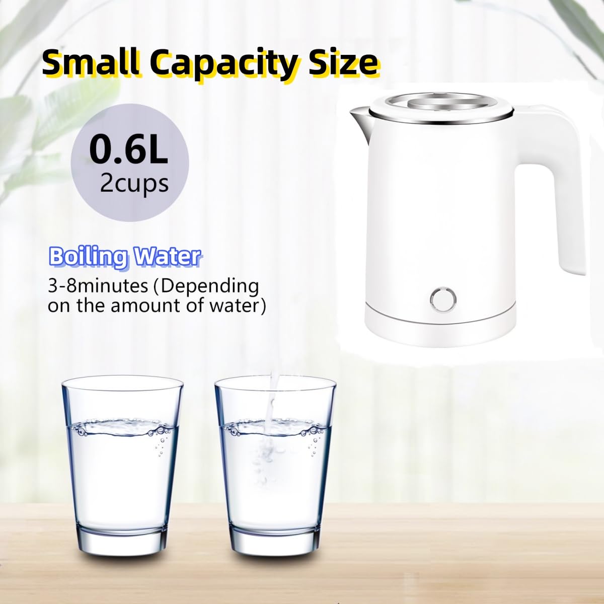 Small Electric Kettles Stainless Steel for Boiling Water, 0.6L Travel Mini Hot Water Boiler Heater, Double Wall Cool Touch Portable Kettle (White)