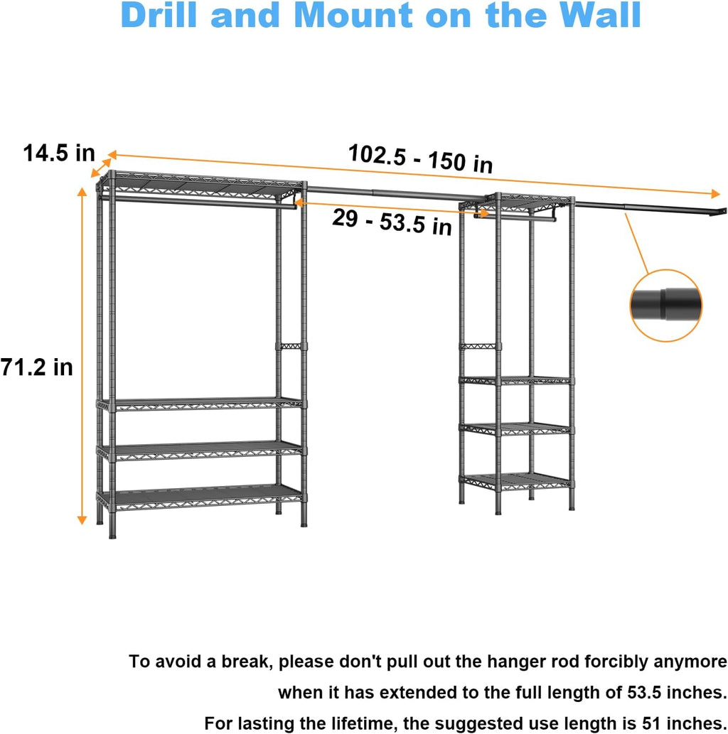 Ulif E11 Heavy-Duty Garment Rack - Metal Freestanding Clothes Organizer with 8 Shelves & 4 Hanger Rods | Black, 71.2" H