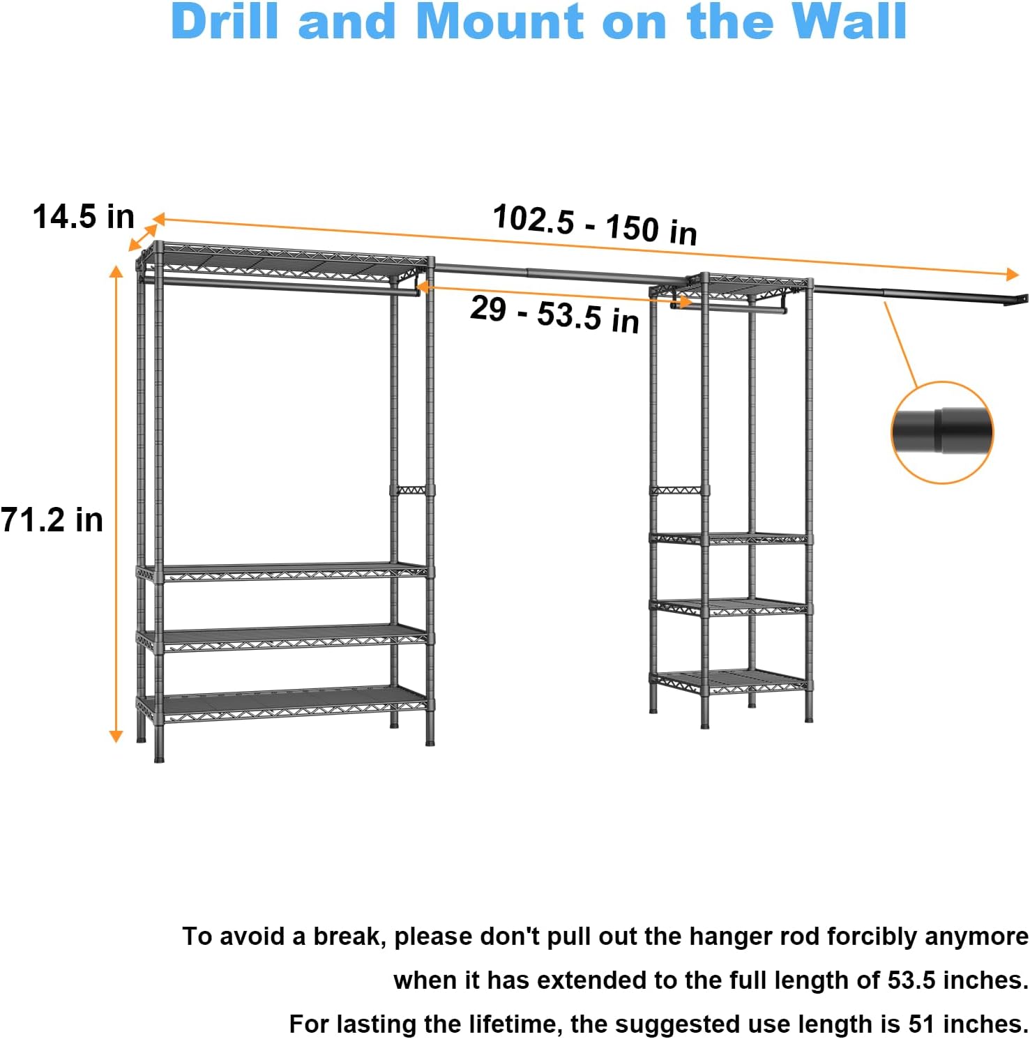 Ulif E11 Heavy-Duty Garment Rack - Metal Freestanding Clothes Organizer with 8 Shelves & 4 Hanger Rods | Black, 71.2" H
