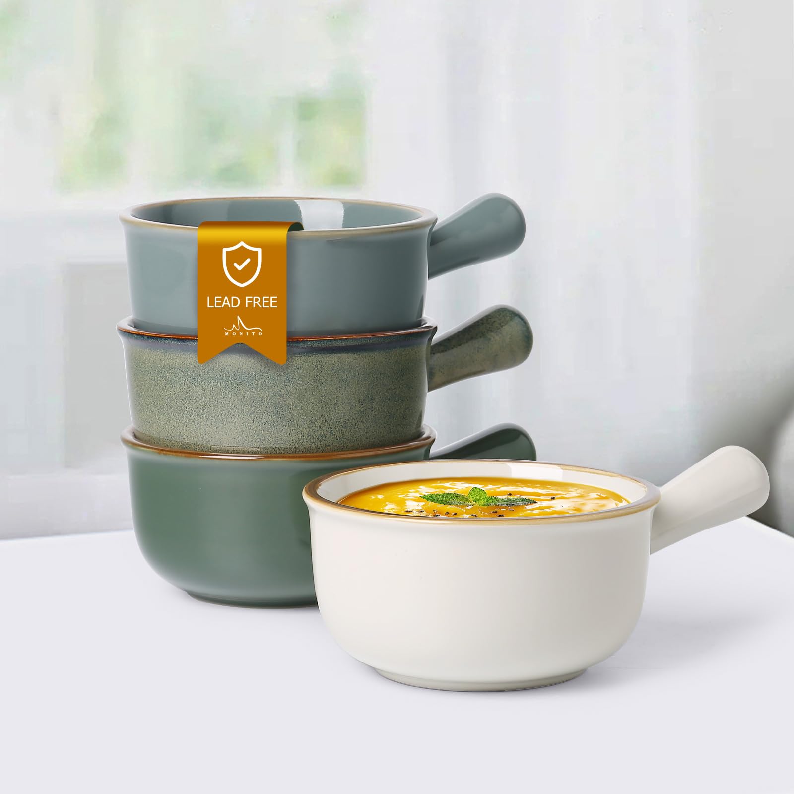 MONITO 26 Oz French Onion Soup Bowls, Ceramic Soup Bowls with Handles, Stackable Soup Crocks, Oven/Microwave/Dishwasher Safe, for Cereal, Soups, Casseroles