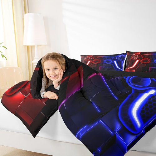 Erosebridal Gamer Comforter Set for Boys Bedding Set 2-Piece Game Console Comforter for Kids Girls Teen 3D Black Gamepad Gaming Bed Sets with Neon Check(Red Blue,Twin)