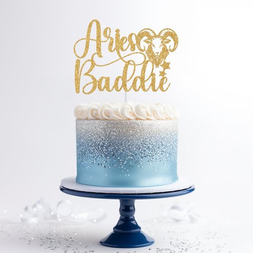 Aries Baddie Cake Topper - Gold Glitter Zodiac Birthday Decoration for March & April Celebrations
