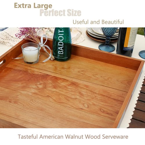 MAGIGO 22 x 22 Inches Large Square Cherry Wood Ottoman Tray with Handles, Serve Tea, Coffee or Breakfast in Bed, Classic Wooden Decorative Serving Tray