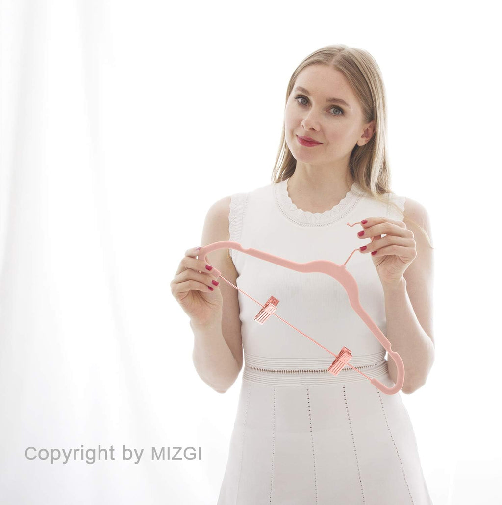 MIZGI Premium Velvet Pants Hangers - Non-Slip Clips for Slim Skirts | Blush Pink with Copper Hooks (Pack of 20)