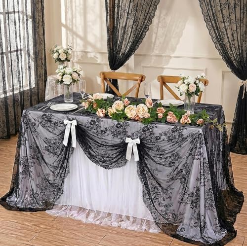 Black Lace Tablecloth 2 Pieces 60x120 Inch Vintage Floral Rectangular Overlay