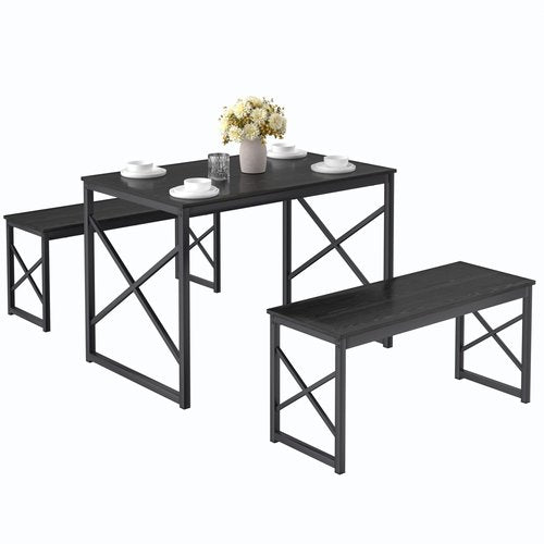 VECELO Kitchen Dining Table Benches Set for 4, 43.3" Wooden Dinette with 2 Benches, Heavy-Duty Dining Room Table for Small Space, Breakfast Nook, Black